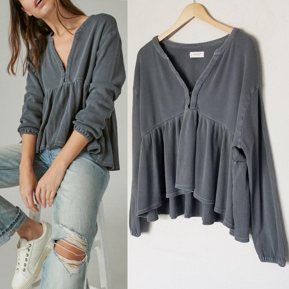 Lucky Brand Waffle Knit Peplum Top L Ebony Grey 100% Cotton Oversized Babydoll - Picture 4 of 16